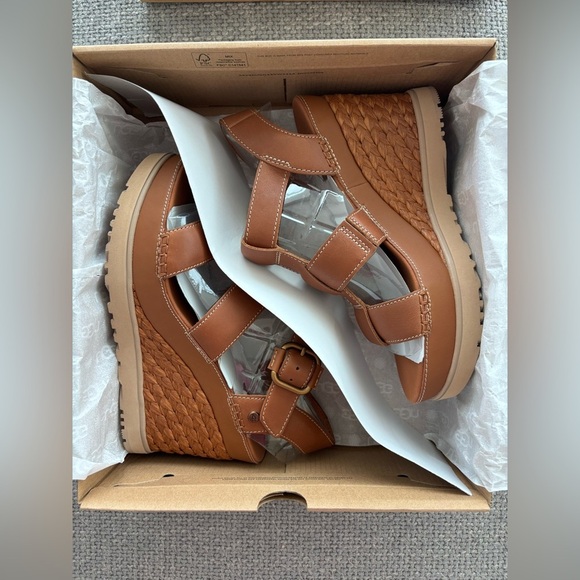 UGG Abbot Strap Cognac Leather Wedge Sandals – Size 9 - Picture 4 of 16